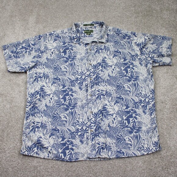 Eddie Bauer Hawaiian Shirt Mens 2XL XXL Blue/White Linen/Cotton Relaxed Fit S/S - Picture 1 of 14